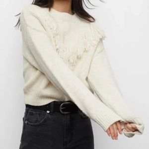 MNG By Mango Womens Medium Ivory Heavy Weight Fringe Long Sleeve Sweater